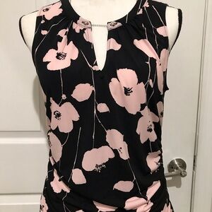 New York & Co. 7th Avenue Black with Pink Flowers Sleeveless Long Length Top